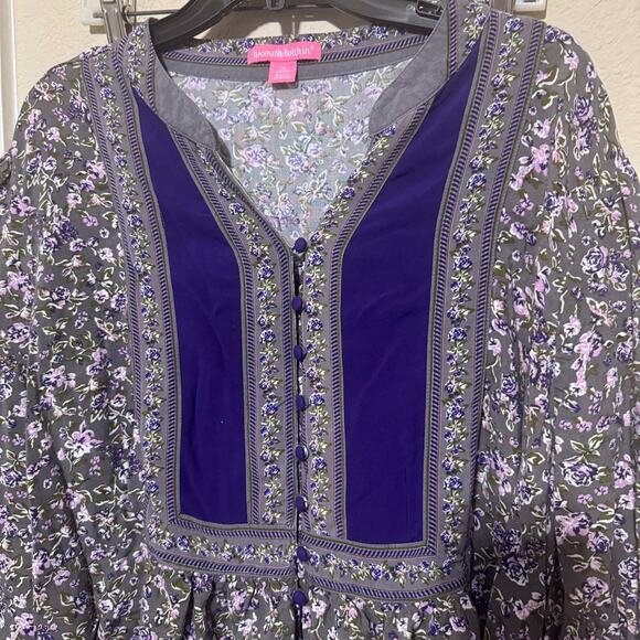 Woman Within Top 1X Purple Floral Blouse Babydoll Boho Peasant 22/24 - Picture 2 of 8